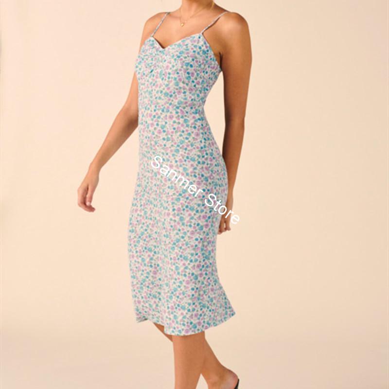 

Women Midi Sling Dress Sexy Slim Sleeveless Floral Print Holiday Style Spaghetti Strap Dress Spring and Summer, As pic