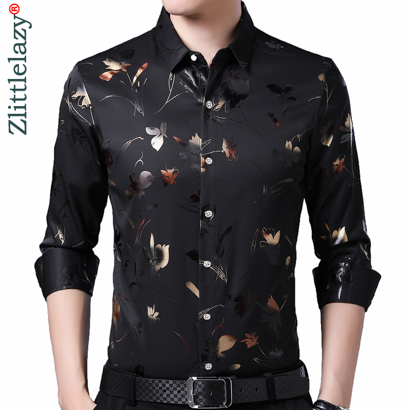 

2020 brand long sleeve men social shirt spring streetwear casual floral shirts dress mens slim regular fit clothes fashions 0076, Black