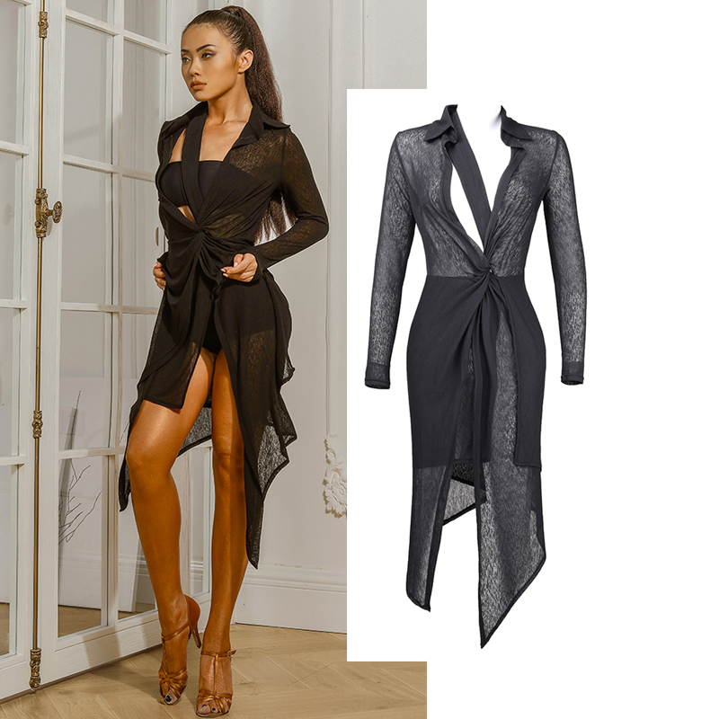

Latin Dance Competition Dresses Sexy Black Mesh Long Sleeve Tango Dress Latin Dance Dress Adult Performance Clothes SL2152