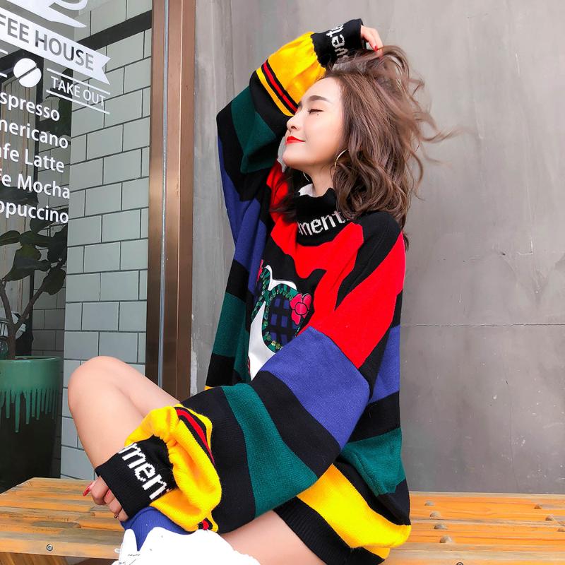 

and Spring 2020 Autumn Rainbow Stripe Loose Large Size Sweater Women Fashion Puff Sleeve Turtleneck Knit Sweater, As show
