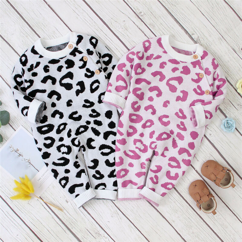 

Fall Autumn Leopard Newborn Baby Boy Girl Knitted Romper Wool Sweater Jumpsuit Outfit Winter Clothing