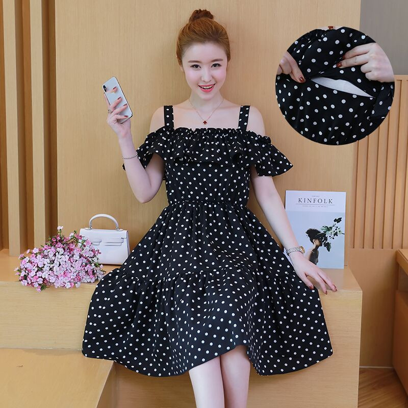 

Black Pregnant Women Summer Polka Dot Nursing Dress Shoulderless Maternity Breastfeeding Chiffon Dress Ruffles Lactation