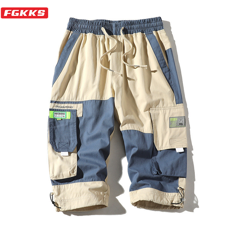 

FGKKS Brand Men Trend Casual Pants Men's Print Straight Cargo Pants High Street Drawstring Calf-Length Male Clothing, Black