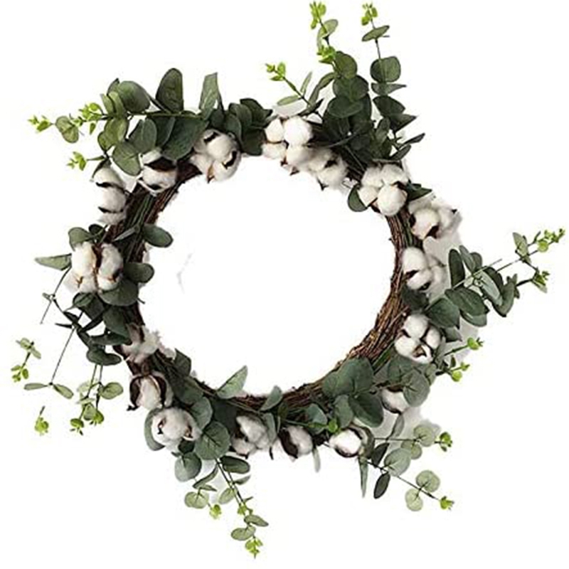 

BEAU-Cotton Ring Farmhouse Natural Cotton Boll Antique Flower Round Wreath and Artificial Green Leaf Retro Wreath