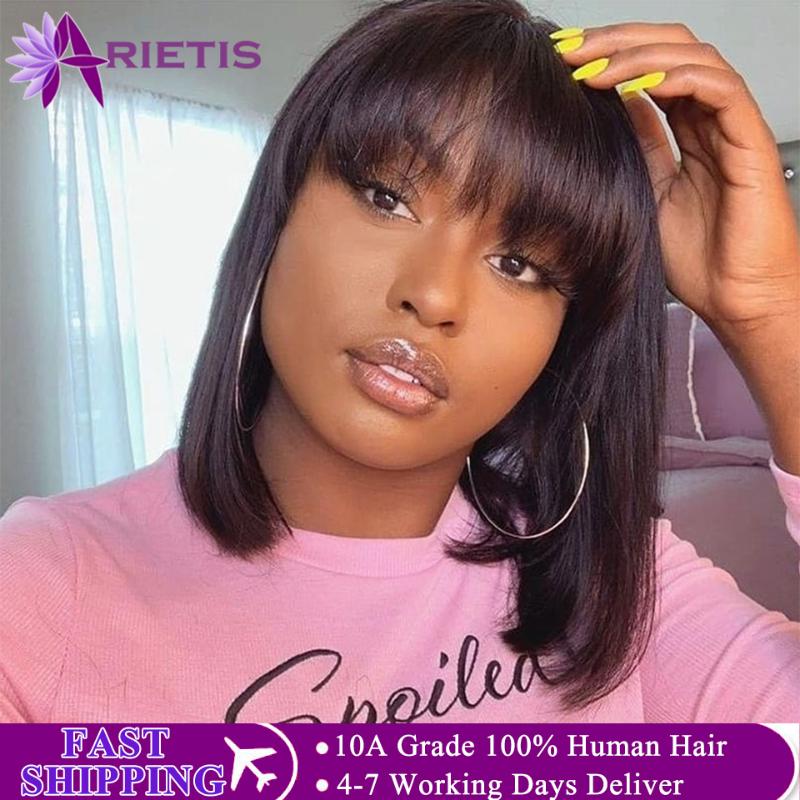 

Short Human Hair Wigs Human Hair Short Wig Bob Wig Wigs With Bangs Brazilian Remy For Black Women, As pic