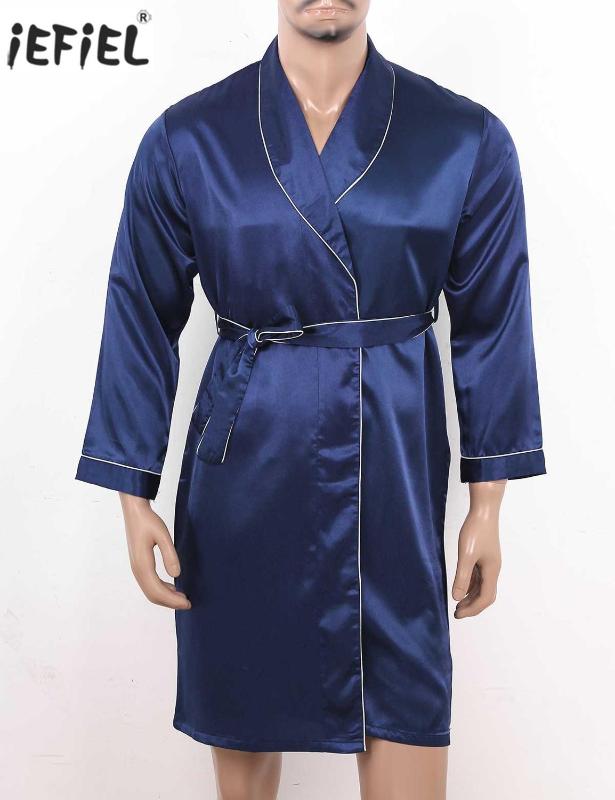 

Men Bathrobe Fashion V Neck Long Sleeves Kimono Robe Spring Autumn Casual Pajama Silky Satin Solid Bathrobe Men Sleepwear, Black