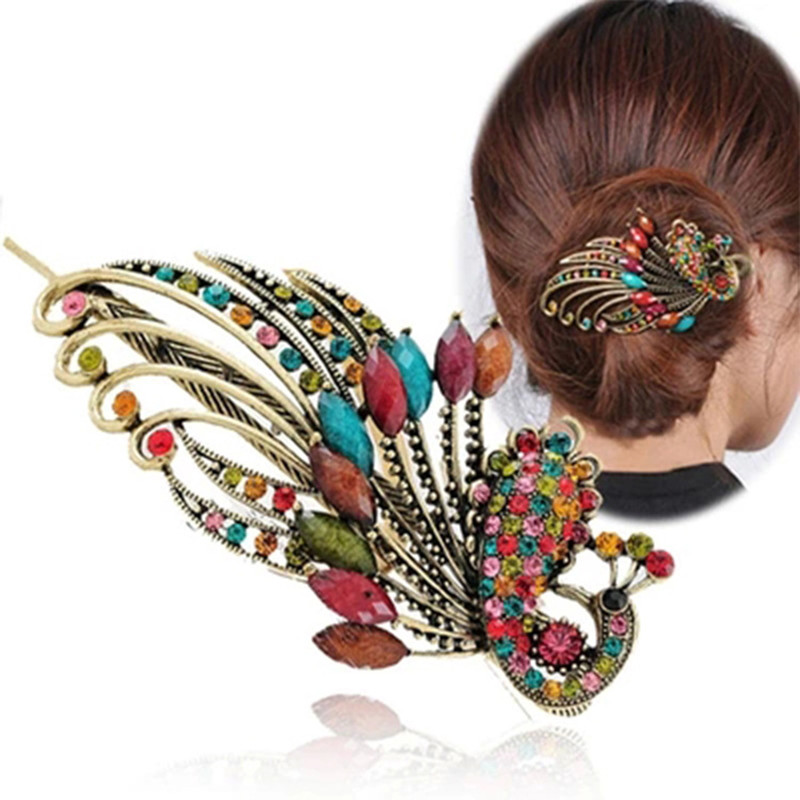 

Bohemia Rhinestone peacock hairpin Animal Alloy Resin Pin for Women Female Barrette Hairclips Bridal Jewelry Hair Accessories