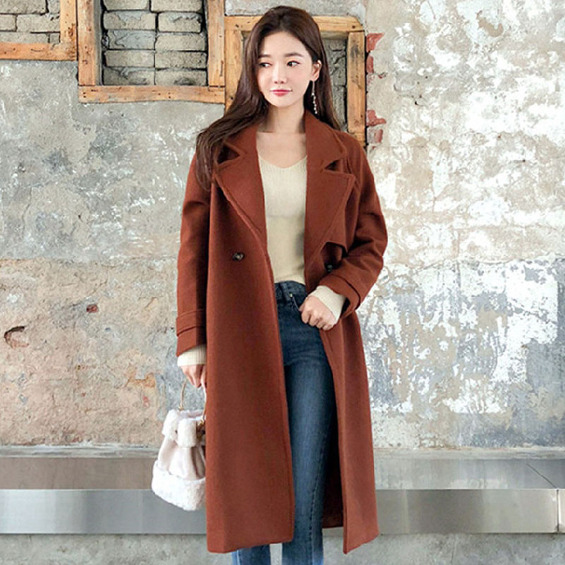 

2019 autumn and winter new robe femme Korea double-breasted thick long woolen coat long-sleeved lapel loose over the knee hair, Black