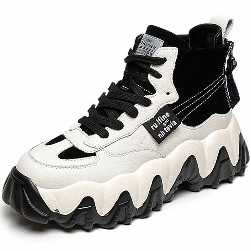 

RASMEUP 2020 Winter Fashion Style Leather Women Platform Sneakers Casual Shoes Breathable Soft Women Plus Velvet Chunky Sneakers, No.1