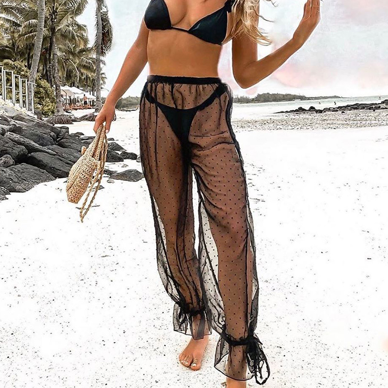 

Sexy Transparent Mesh Pants Bikini Cover-ups Women Swimwear Hot Summer High Wasit Dots Lace Trousers Women Beach Cover-up Pants