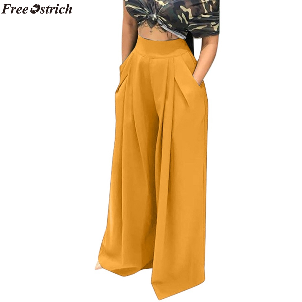 

FREE OSTRICH Women Casual Loose Pants Autumn High Waisted Wide Leg Trousers Pleated Long Culottes Elastic Waist Trouser Pockets, Army green