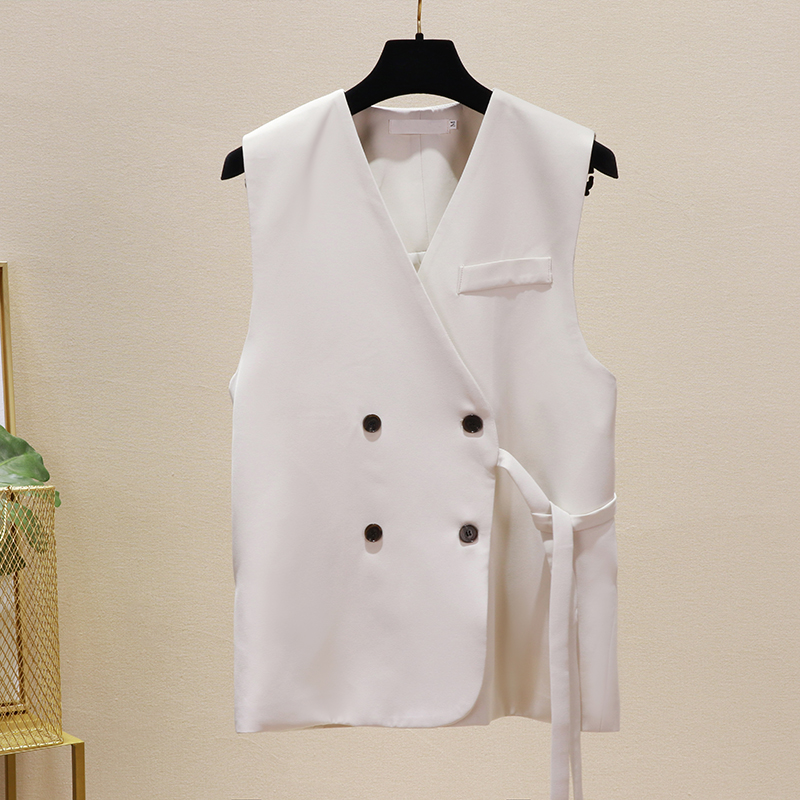 

Women Blazer Double Breasted V-neck Waist Belt Sleeveless Suit ladies, Black