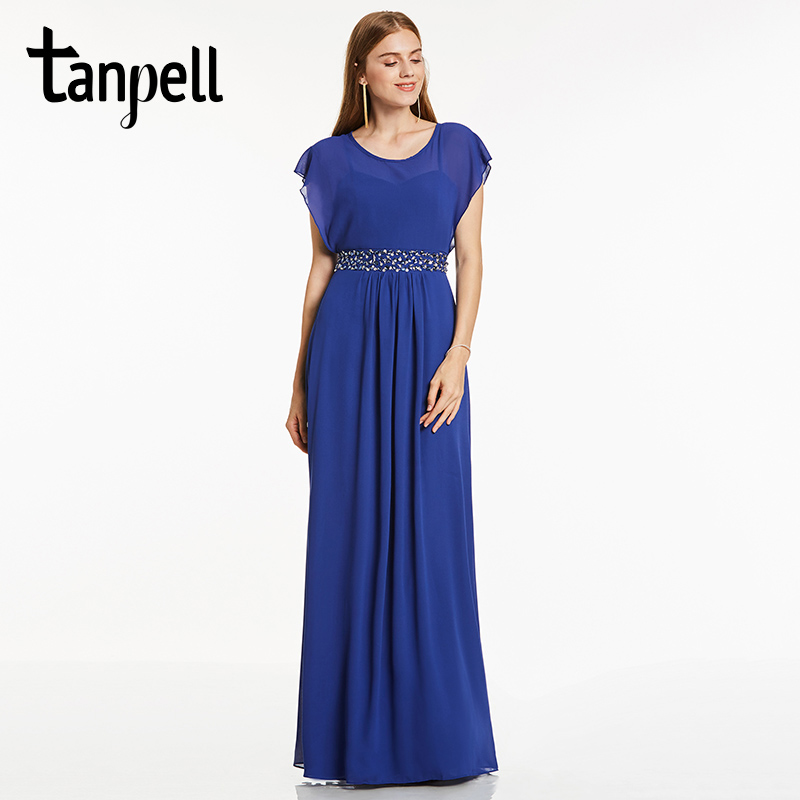 

Tanpell scoop neck evening dress royal blue cap sleeves floor length a line gown cheap women beaded prom long evening dresses