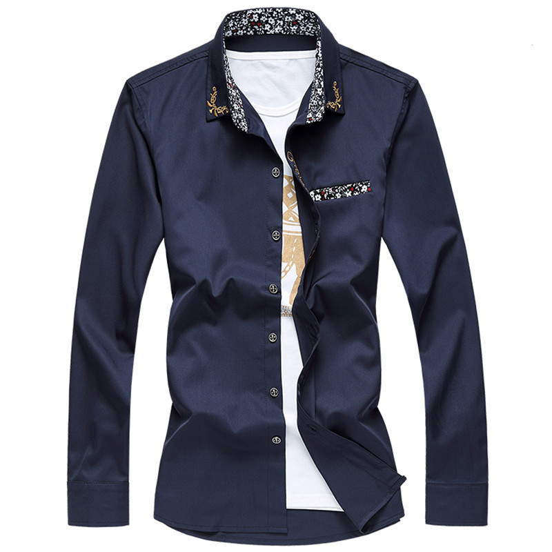 

2020 new men's embroidered shirts Male fashion solid color embroidered long-sleeved shirt placket Men's large size shirt Slim, White