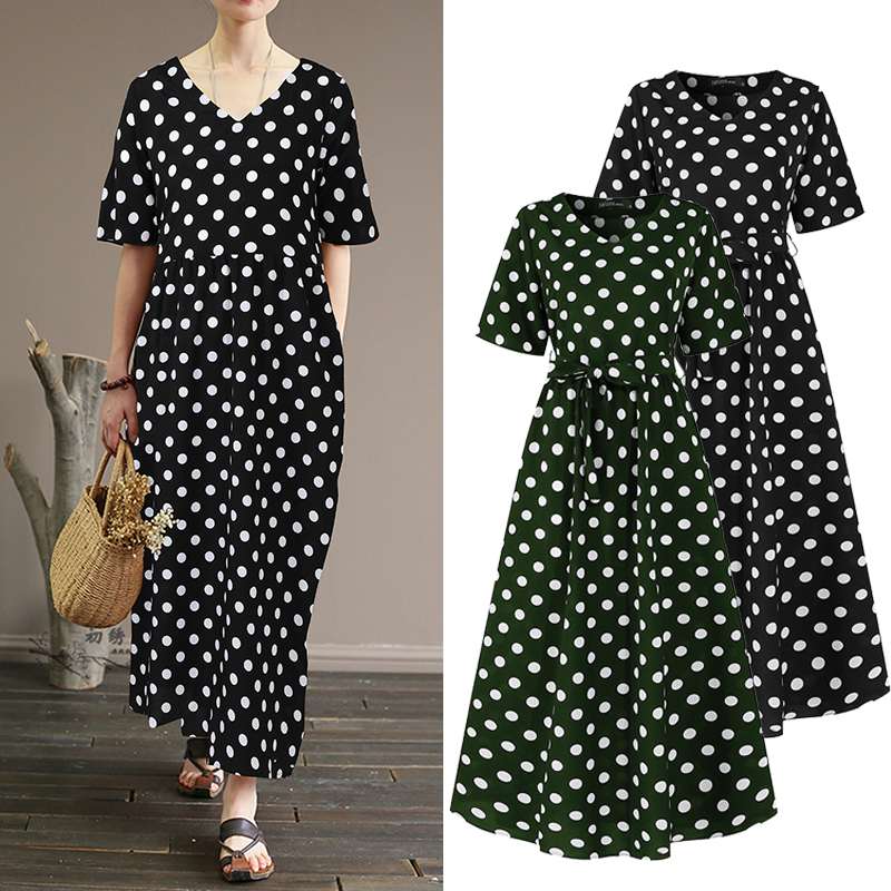 

Fashion Women's Summer Printed Sundress 2020 ZANZEA Polka Maxi Dress Short Sleeve Vestidos Belted Female V Neck Robe Plus Size, Black
