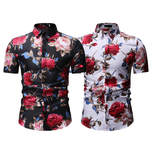 

Fashion Men's Luxury Short Sleeve Shirt Casual Slim Fit Stylish Dress Shirts Tops male Summer Floral Print Leisure Shirts, White