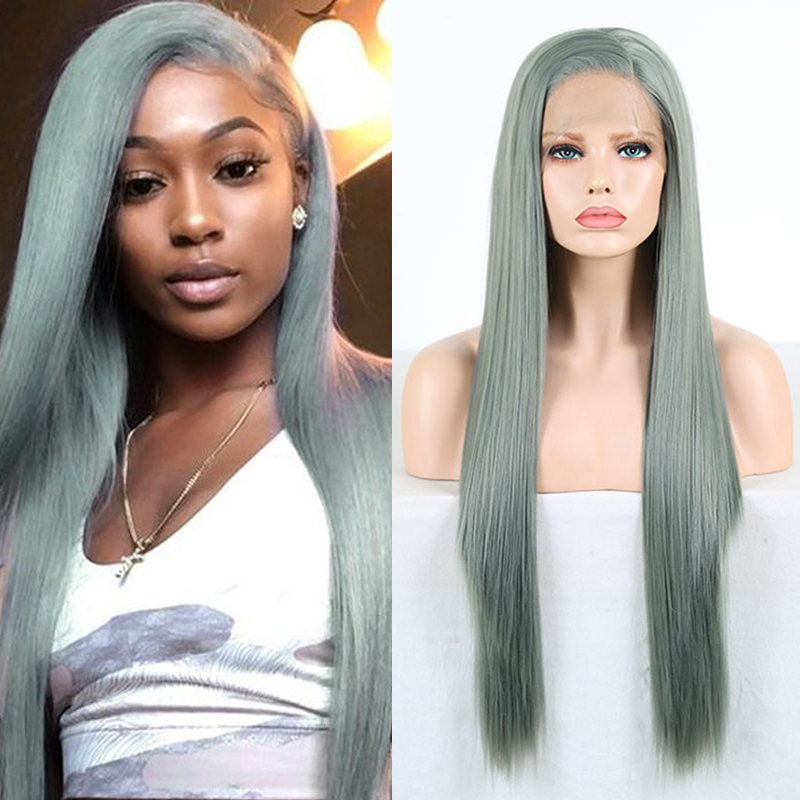 

Charisma Long Silky Straight Hair Synthetic Lace Front Wigs Ash Green Side Part Cosplay Wig Heat Resistant Hair For Black Women, As pic