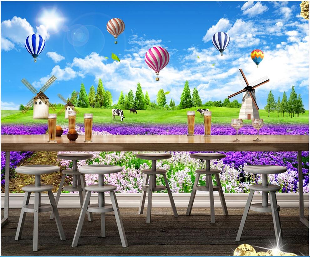 

3d room wallpaper custom photo mural Beautiful lavender idyllic landscape blue sky and white cloud grass background wallpaper for walls 3 d, Non-woven fabric