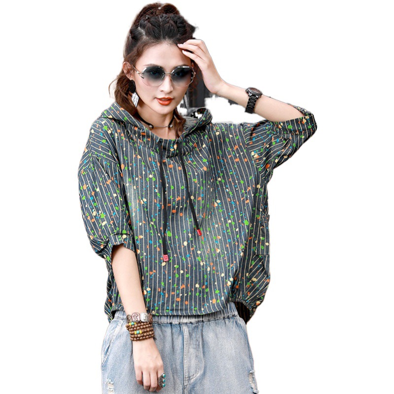

2020 Streetwear Fashion Hoodies For Women With Hat And Drawstring Loose Half Sleeves Tops Printed Trend Pullovers Female Z2, Circle flower