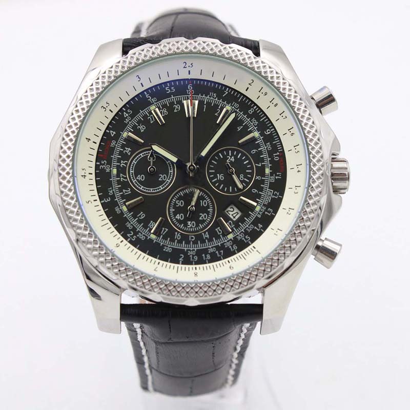 

Hot Sale Motors New Quality B06 B01 A25362 Chronograph Battery Movement Quartz Black Dial Men Watch Silver Leather Strap Mens Wristwatches, 10