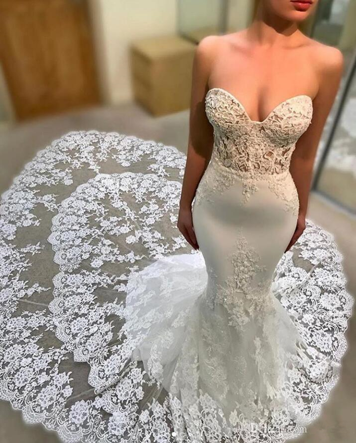 Sweetheart Sexy Mermaid Wedding Dresses 2020 Arabic Aso Ebi Backless Lace Robes De Mariee Tiered Court Train Bridal Gown Plus Size