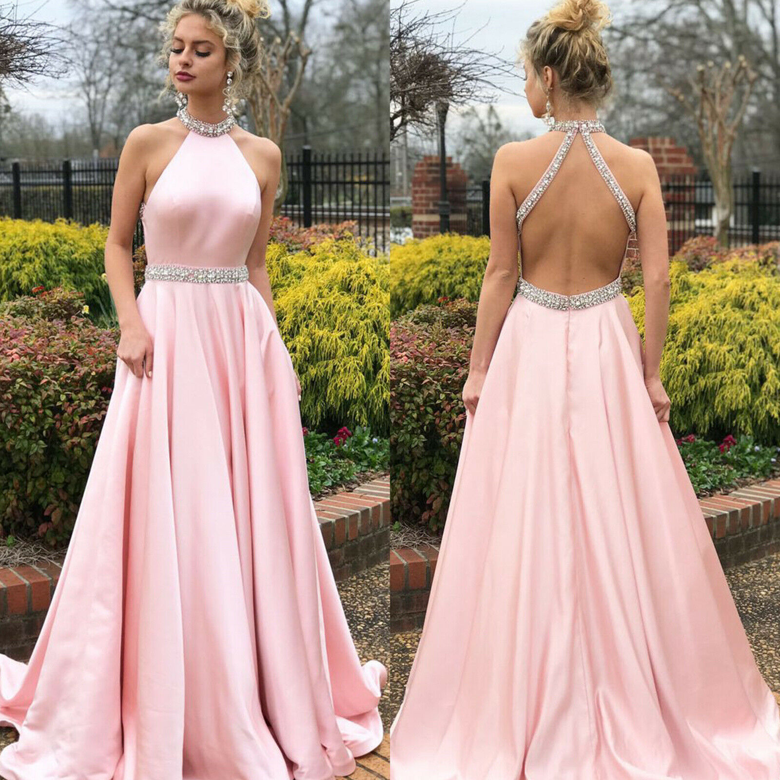 

2019 Cheap Beaded Prom Dresses Halter A Line Sweep Train Sexy Backless Evening Gowns Satin Formal Party Dress Wear, Black