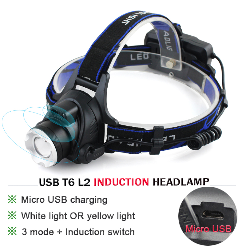 

New USB rechargeable head lamp LED infrared sensor switch headlights CREE T6 zoom head torch 18650 battery linterna