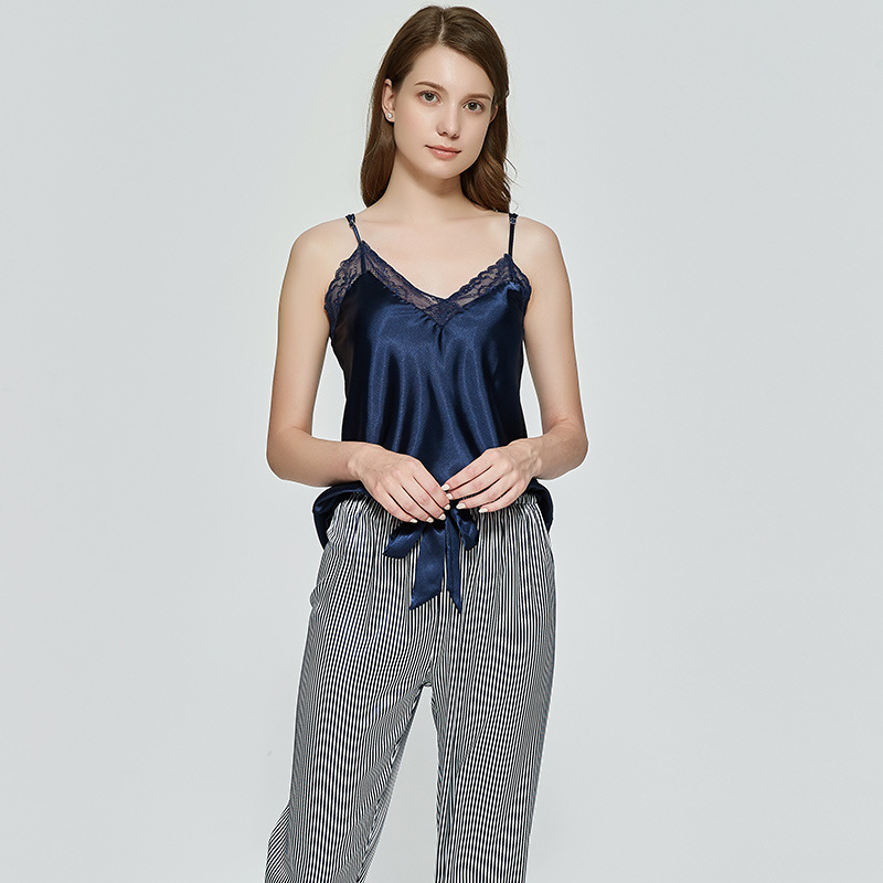 

Women Summer New 2PCS Pajamas Suit Satin Strap Top&Pants Nightwear Silky Lace Pyjamas Negligee Sexy Sleepwear Intimate Lingerie