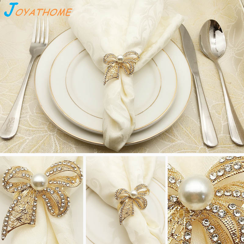 

Joyathome 6-12pcs/Lot Western Style Luxurious Bow Napkin Ring Gold Plated Diamond Pearl Napkin Ring Buckle for Table