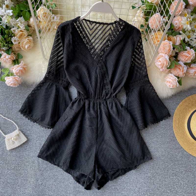 

2020 New Chiffon Hollow-Out Women Playsuits Flare Short Sleeve V-neck Bodysuits Summer Slim High Waist Solid Sexy Rompers, Black
