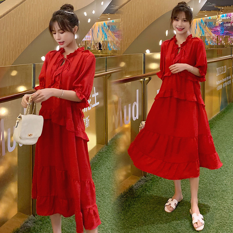 

Red Maternity Dress 2020 Summer O Neck Short Sleeve New Korean Fashion Bowknot Lace Loose Maternity Pleated Dress
