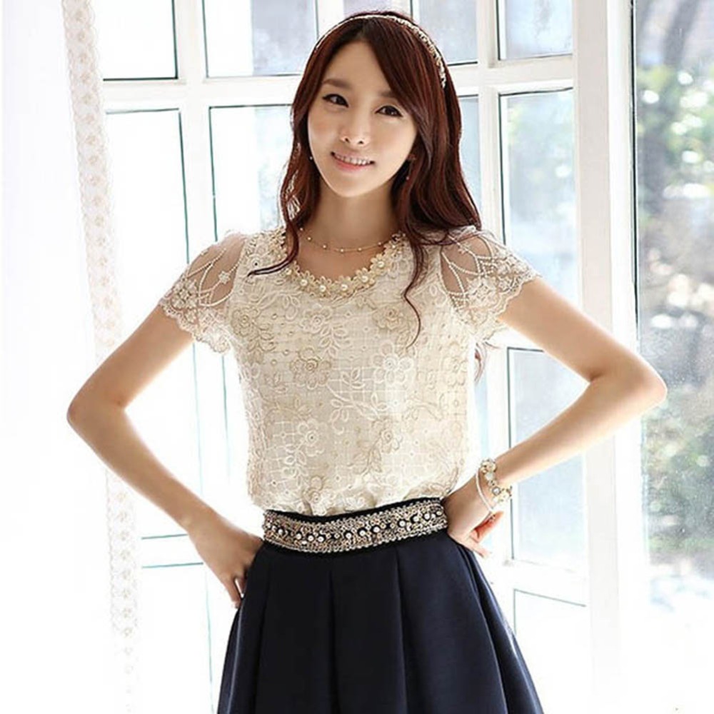 

Summer Women's Shirt Blouses Summer Lace Chiffon Blouse Short Sleeve O Neck Tops Feminina Flower Transparent Shirt White, As pic