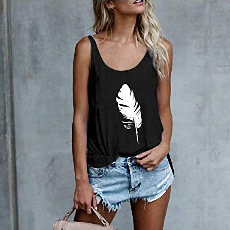 

New Women' Summer Fashion Feather Print Loose Casual Vest T-Shirt Top, Black