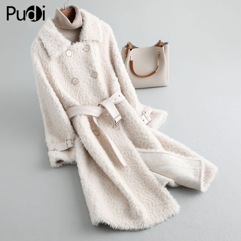 

Aorice A19057 lady real wool fur coat jacket with leather belt over size parka women winter warm genuine fur coats trench, Blue