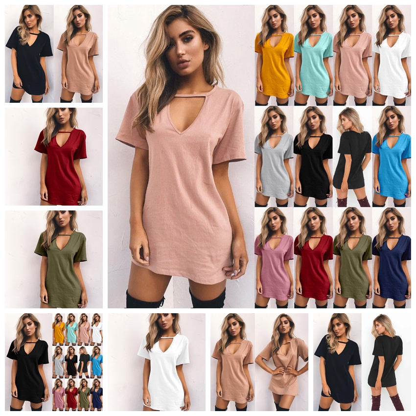

Dresses European Style Pure Color Sexy V-neck short sleeve loose T-shirt dress white, pink, yellow, gray, black support mixed batch, Light green