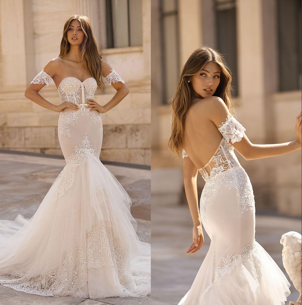 

Berta Lace Mermaid Wedding Dresses 2020 Sweetheart Tulle Appliques Bridal Gowns Sweep Train Sexy Backless Beach vestidos de noiva, Ivory