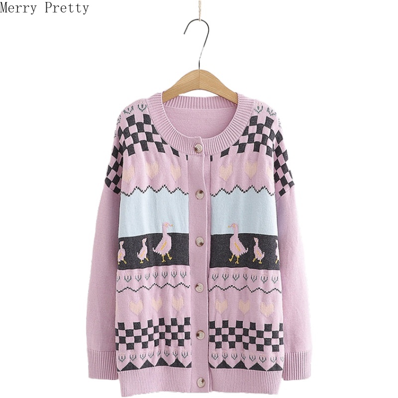 

Women Cardigan Sweater Cartoon Embroidery Contrast Color O-Neck Female Knitted Jacquard Sweater Single Breasted Coat, Purple