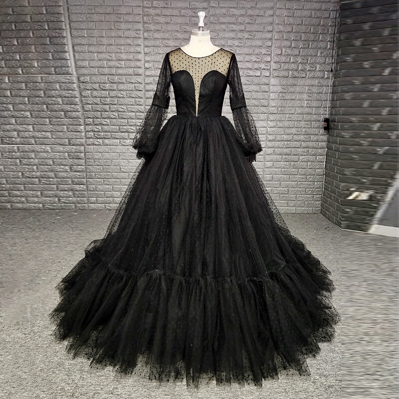 

Elegant Black Dot Illusion Jewel Backless Long Sleeve Ball Gown Prom Dress, Yellow