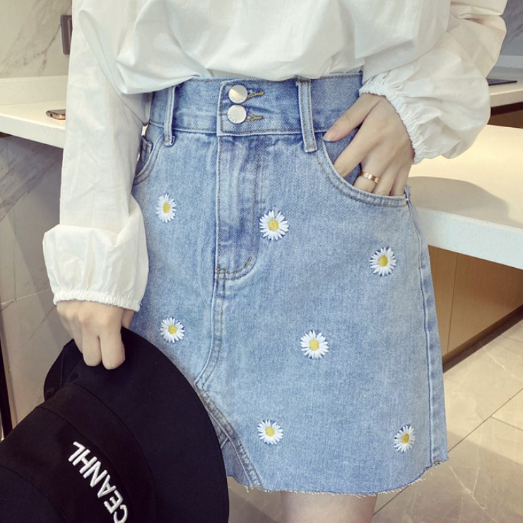 

Spring 2020 New Women' Embroidered Denim Skirt Female Western Style bao qun A- line Skirt-Music of the Tide, Blue