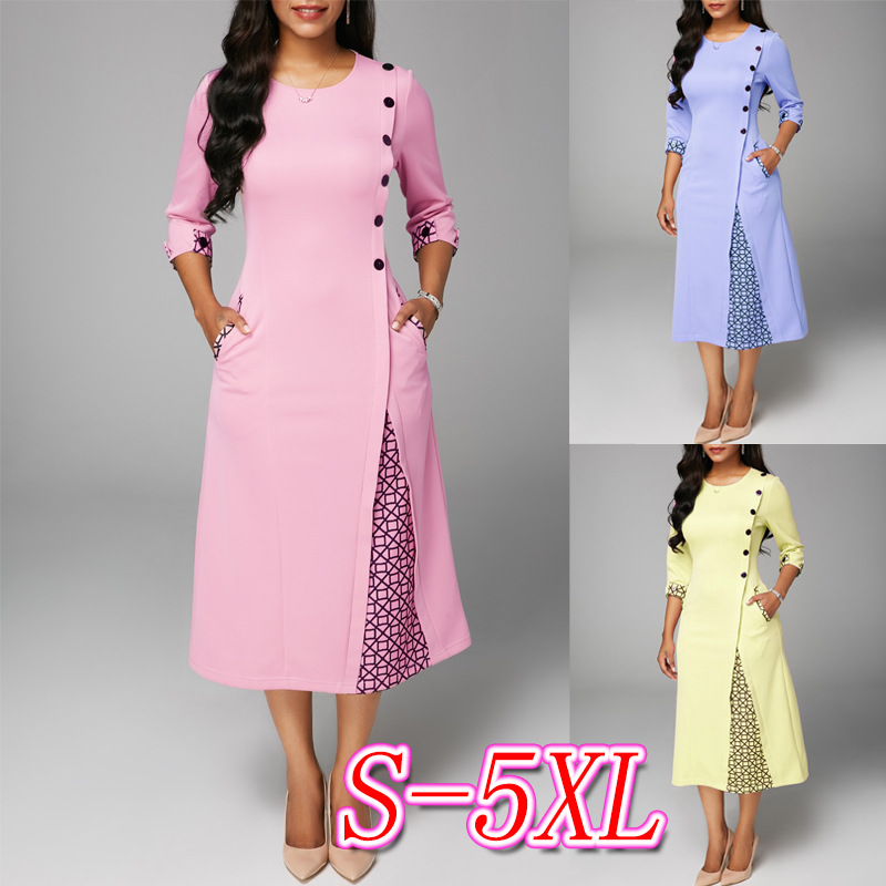 

Ladies Long Dress 5 Buttons Designer Round Neck Solid Color Matching Slim Button Dress Elegant Party Dress F0671, Pink