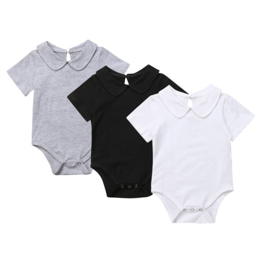 Free Shipping Newborn Infant Baby Girls Boys Casual Bodysuit Short Sleeve Peter Pan Collar Solid Cotton Jumpsuits Playsuit 0-1Y-image-515498769