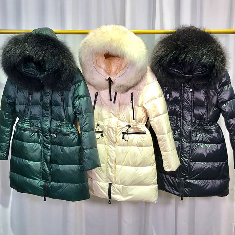

Parka Women Winter Quality White Duck Down Jacket Bright Slim Jackets Real Silver Fur Collar Outerwear Warm Down Coats TY415, Beige