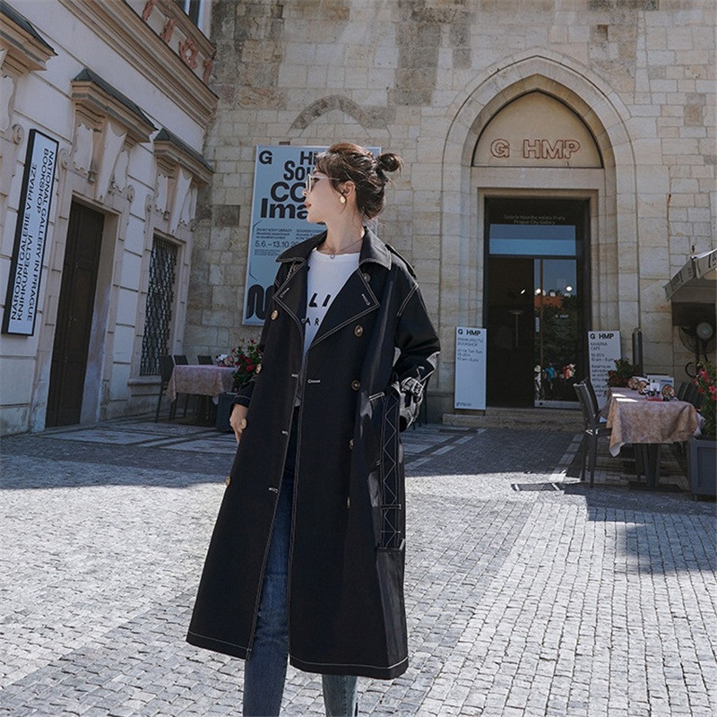 

Autumn Plus size Women Mid-length Double-breasted Trench coat With belt Casual Long-sleeve Corta vento feminina Windbreaker New, Black