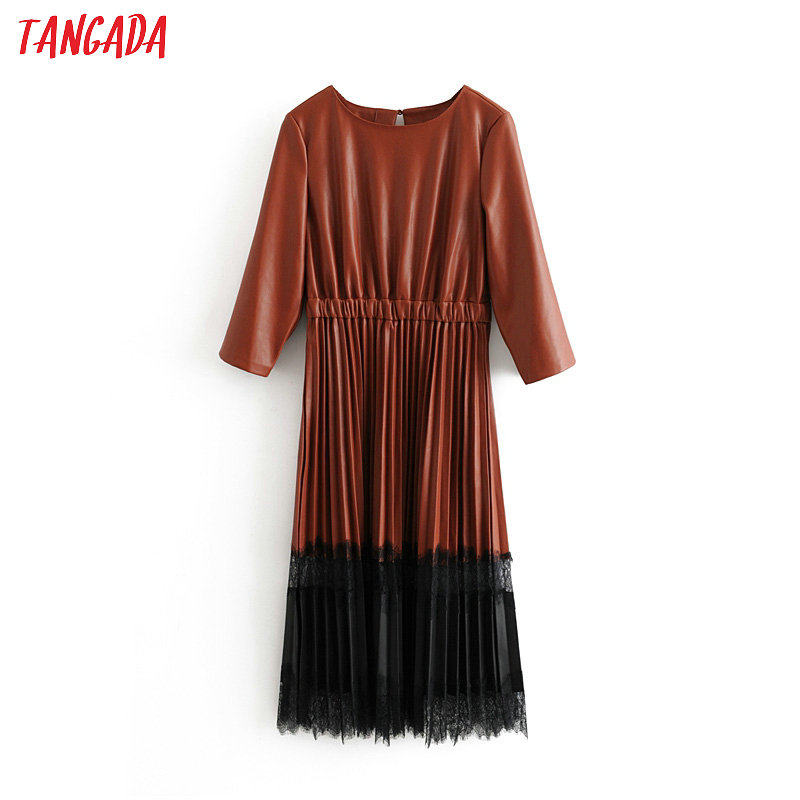 

Tangada women PU faux leather dress patchwork Lace o neck retro elegant ladies brown pleated mid dress vestido 3h190