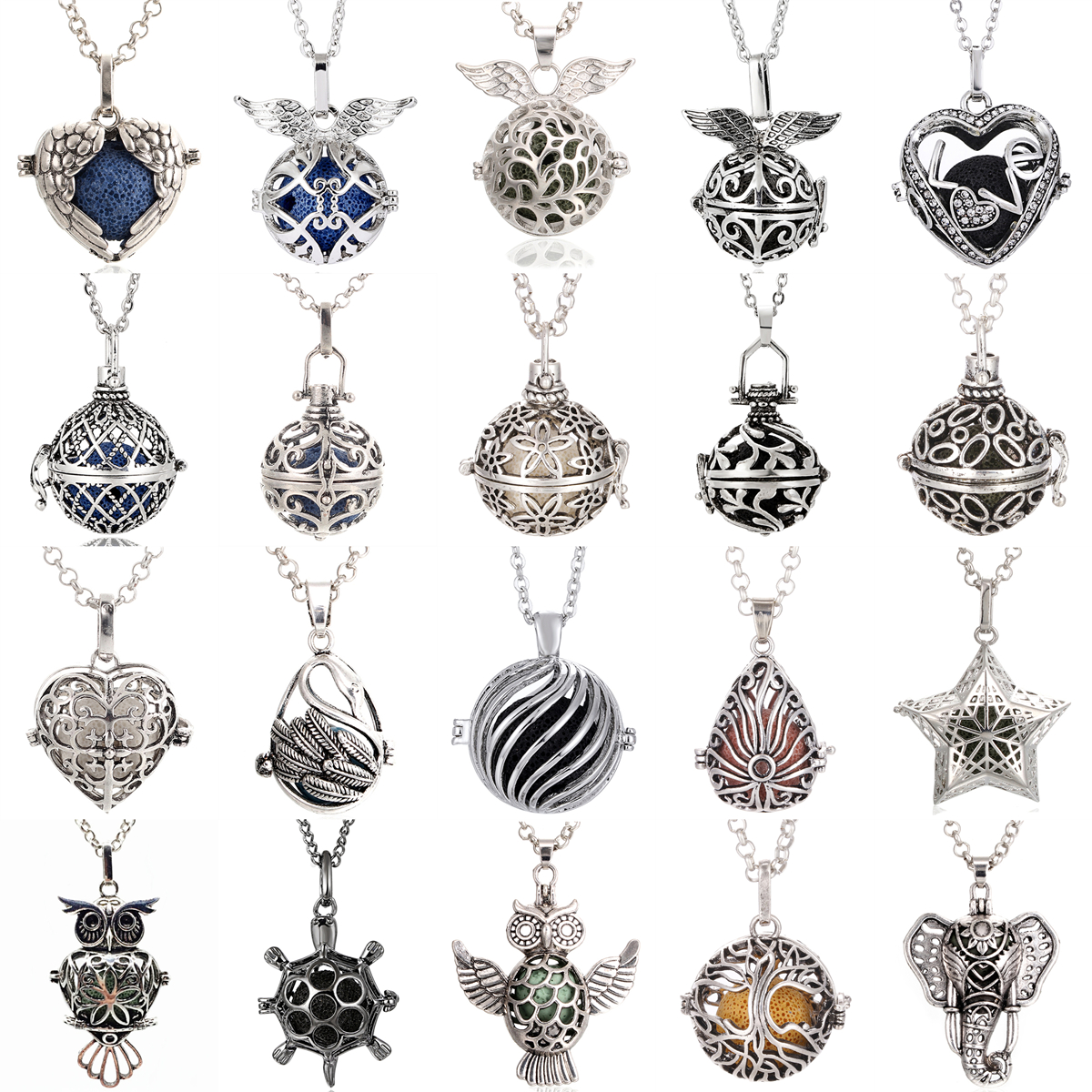 

41 Styles Lava Rock Aroma Essential Oil Diffuser Necklace Wholesale Jewelry Hollow Open Locket Pendant Necklace With 70cm Chain