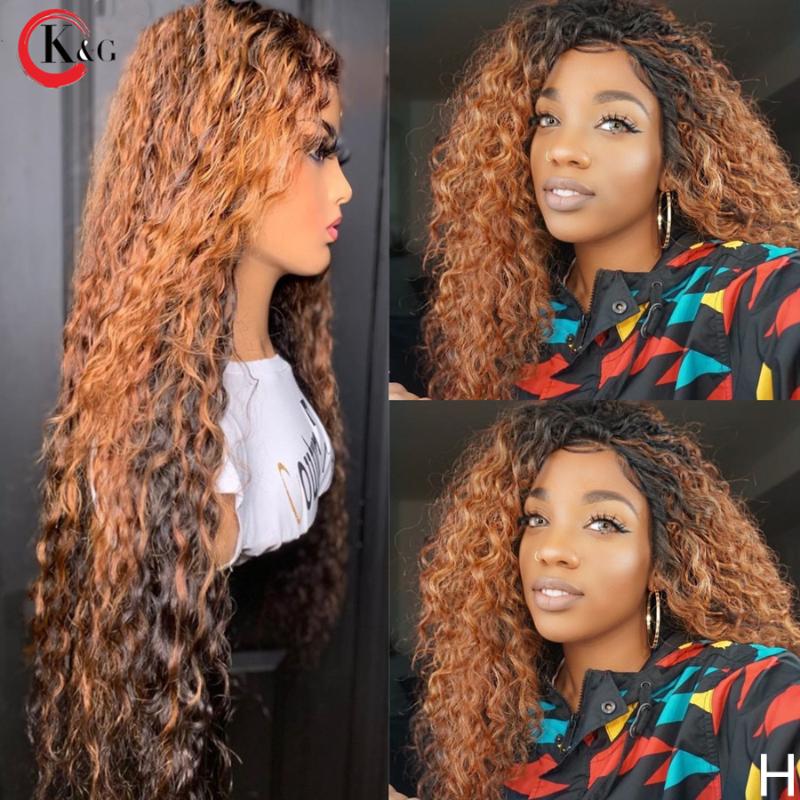 

KUNGANG Colored 360 Curly Lace Frontal Human Hair Wigs With Baby Hair 250 Density Medium Ratio Non-Remy Wig, 13x4 lace front wig