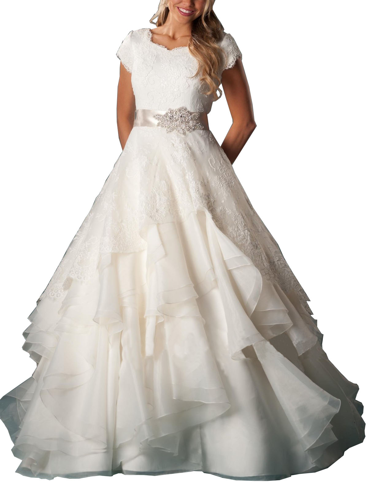 

2019 A-line Wedding Dress Short Sleeves Ruffled Tiered Lace Organza Floor Length Long Train Bridal Gown With Beaded Sash, White