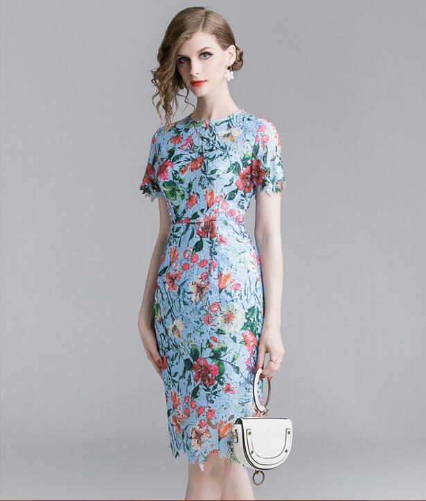 

Flora Embroidery printed lace package hip skirt female summer A-line street style dresses knee-length short sleeve, Multi