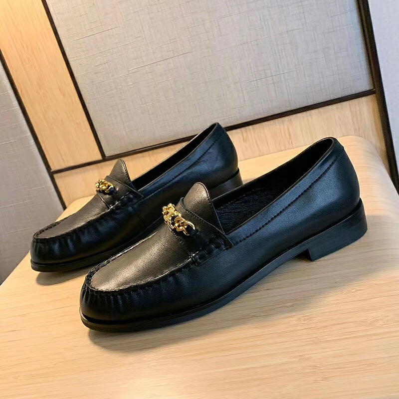 

TOP QUALITY! 2020022901y black beige white genuine leather calf skin chain loafer casual flats shoes ladies work