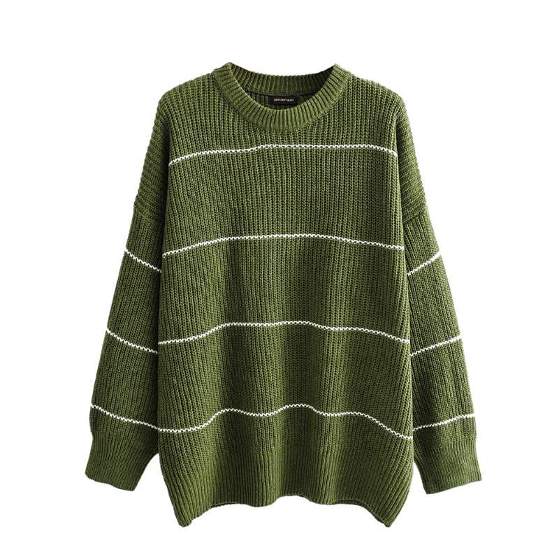 

women's early spring 2020 new striped round neck loose Slouchy Pullover Sweater, Green